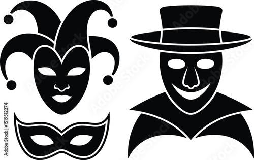 Black and white illustration of a jester mask and a plague doctor mask with a masquerade mask below