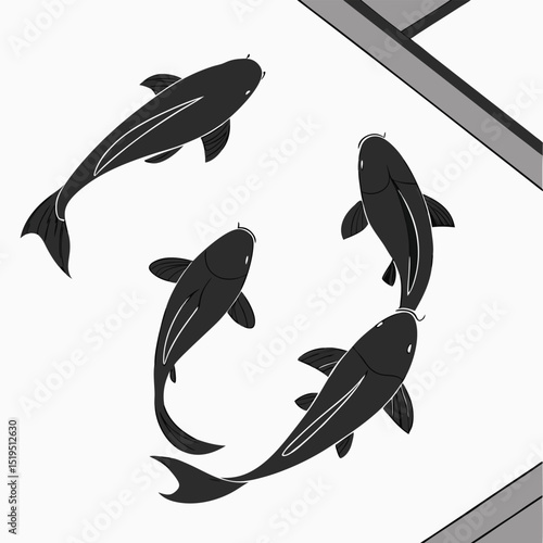 Koi fish pond vector illustration asian inspired design black and white minimalism
