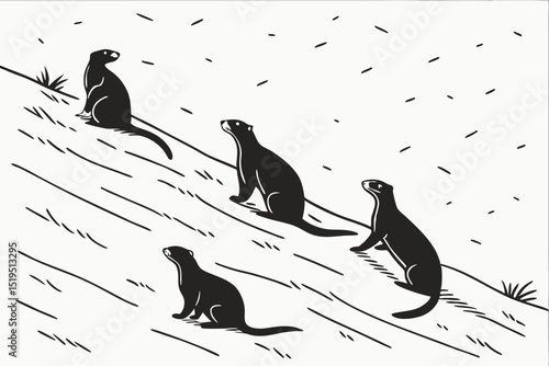 Prairie dog colony illustration black and white graphic design of wild animals