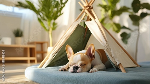 A small dog resting peacefully inside a cozy indoor tent, enjoying a calm and comfortable home environment with soft sunlight.