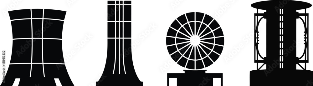 Obraz premium Four industrial structures in black silhouette against a white background in a horizontal arrangement