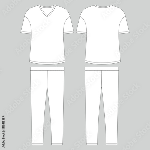 V neck t shirt tops and legging technical drawing template for ladies