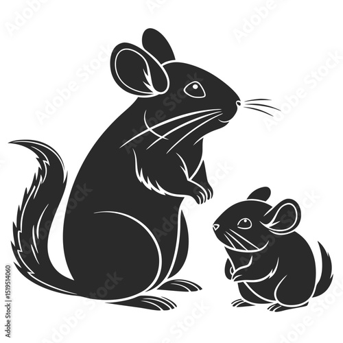 Silhouette illustration of mother chinchilla with baby chinchilla on white background
