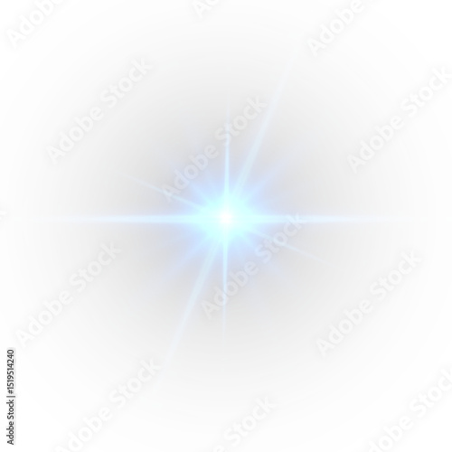 Futuristic blue light PNG with transparent highlights, glow, sun rays and bokeh sparks. Radiant star effect for modern abstract design, luxurious overlays or colorful visual effects