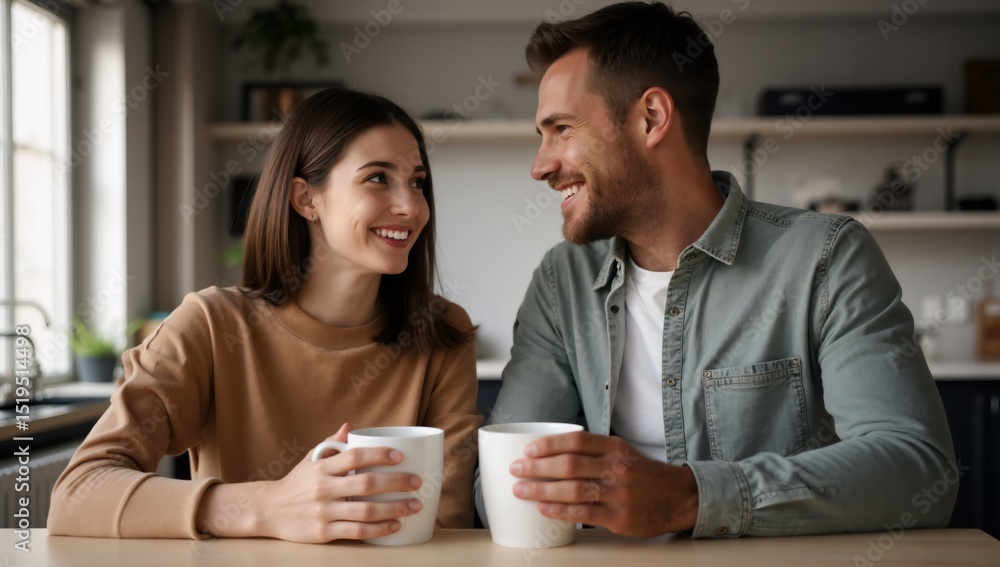 Happy couple enjoying coffee together at home in the morning Happy couple enjoying coffee together at home in the morning