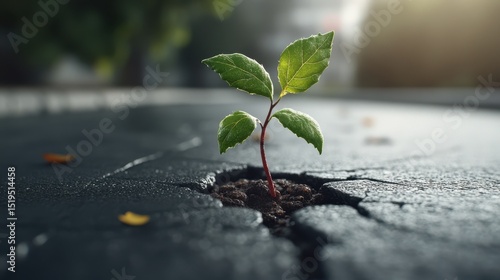 A small green plant sprouting through a crack in asphalt, symbolizing growth, resilience, and hope in a harsh environment.