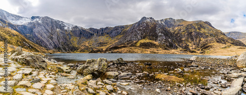 Photos A panorama view from the shore of Lake Idwal in Snowdonia, Wales in springtime