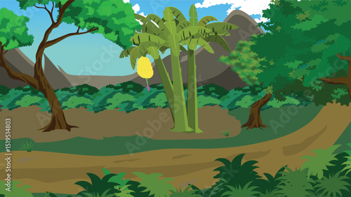 Indian Village Background Vector with Trees, Banana Plants, Bushes, Mountains and Mud Path – Cartoon Style Rural Nature Scene for Animation Projects, Educational Use and Storytelling

