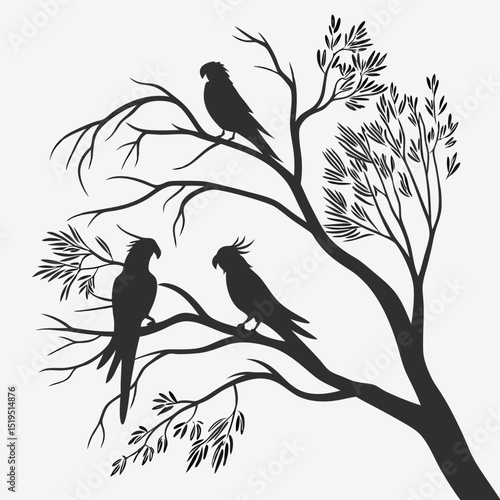Silhouette of three cockatoos sitting on branches of an abstract tree