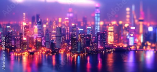 Vibrant city skyline at night with colorful lights reflecting on water surface