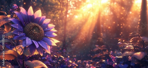 Vibrant sunflower in enchanting forest with golden sunlight and magical atmosphere