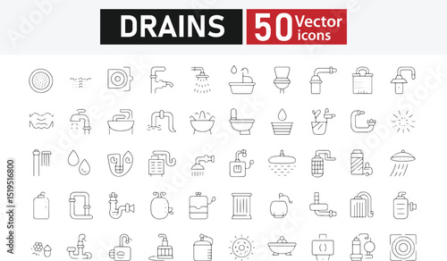 Collection of 50 line icons related to drains, drainage, pipelines, sewage, sewers, gutters, and grates. Vector illustration