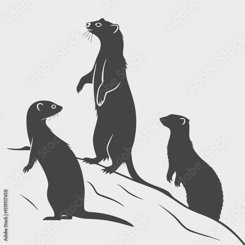Three standing ferrets silhouette vector illustration wildlife animals design