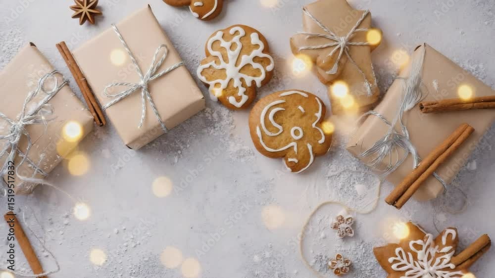Flat Lay of Christmas Gifts, Gingerbread Cookies, Cinnamon Sticks, and Bokeh Lights on a Grey Background Flat Lay of Christmas Gifts, Gingerbread Cookies, Cinnamon Sticks, and Bokeh Lights on a Grey Background