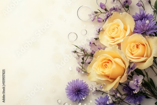 Delicate arrangement of pale yellow roses and purple flowers.