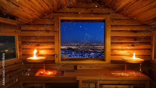 Cozy wooden cabin city view night