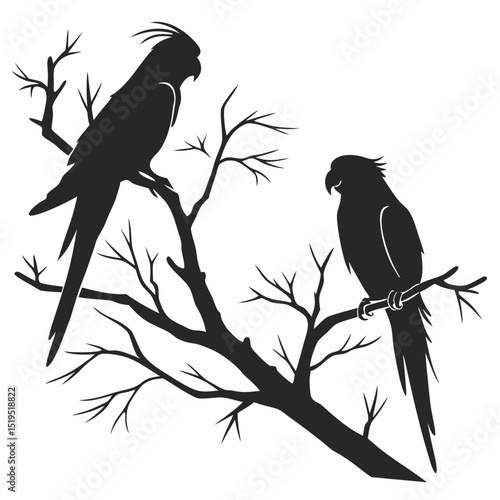 Two silhouetted cockatoo birds perched on bare tree branches graphic illustration