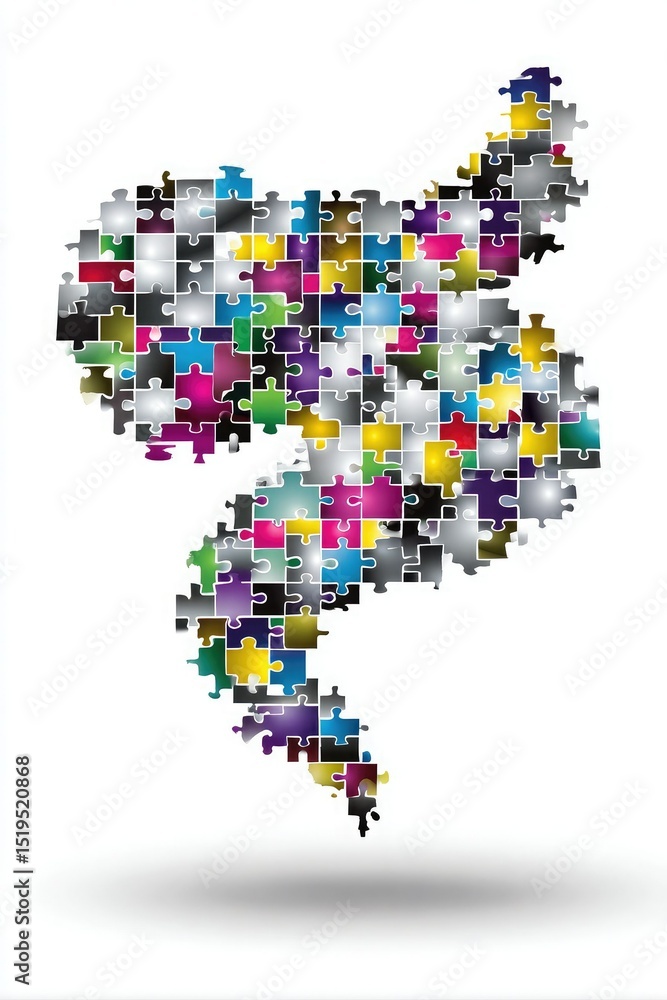 Obraz premium Colorful jigsaw puzzle pieces form an abstract, swirling shape on a white background with a subtle shadow below.