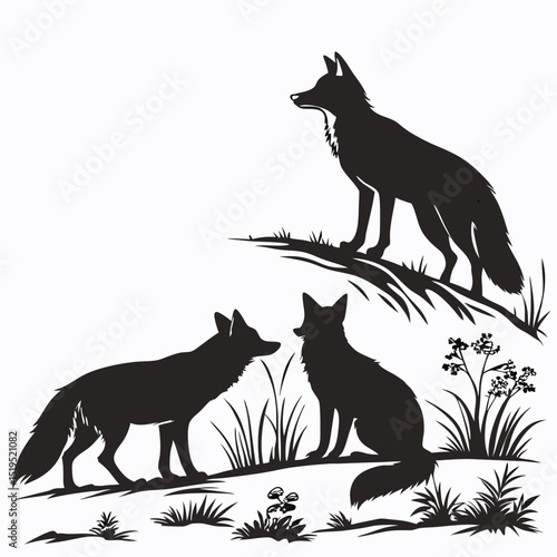 Fox silhouettes on hillside vector art wild animal illustration design