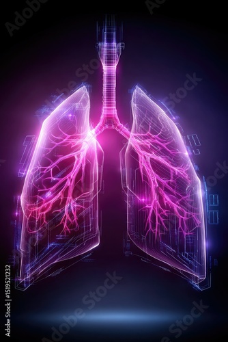 A glowing digital illustration of human lungs with neon lines and a futuristic, technological design on a dark background.