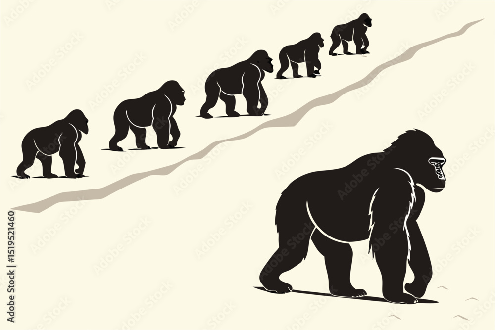 Naklejka premium Gorilla trekking journey black silhouettes following leader ascent vector illustration