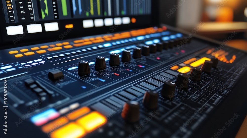 Close-up of a professional audio mixing console with numerous knobs, buttons, and displays, illuminated by warm ambient lighting, suggesting a recording studio or broadcast environment Close-up of a professional audio mixing console with numerous knobs, buttons, and displays, illuminated by warm ambient lighting, suggesting a recording studio or broadcast environment