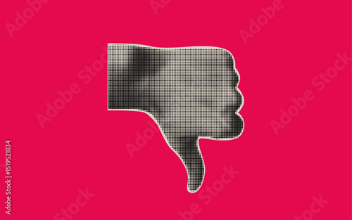 Thumbs-down hand gesture with halftone texture for collage design. Disapproval sign, icon. Dot effect black and white symbol for Negative feedback.