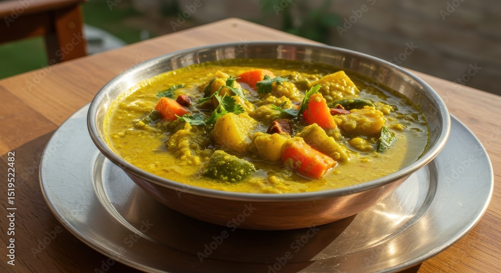 Colorful Bowl of Vegetable Curry with Fresh Herbs Served on a Wooden Table Under Natural Light, Evoking Authentic Indian Cuisine Experience Colorful Bowl of Vegetable Curry with Fresh Herbs Served on a Wooden Table Under Natural Light, Evoking Authentic Indian Cuisine Experience