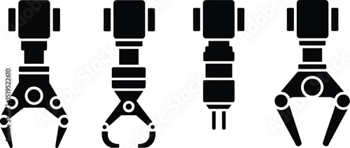 Four robotic arms in black silhouette on a white background showcasing different gripper designs and structures