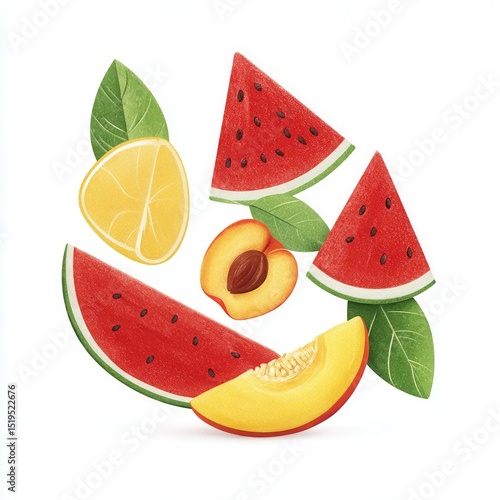 Vibrant Symmetrical Watercolor Arrangement of Fresh Fruits