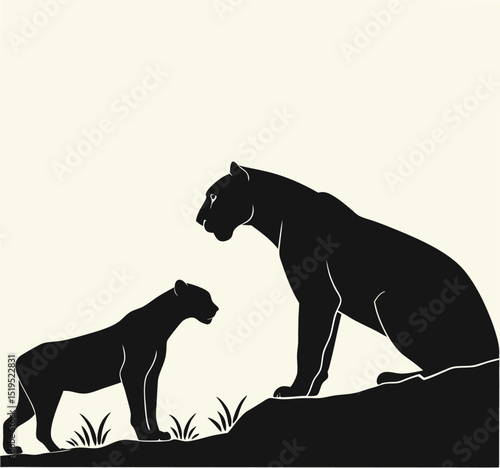 Minimalist black silhouettes of mother panther and cub on neutral background