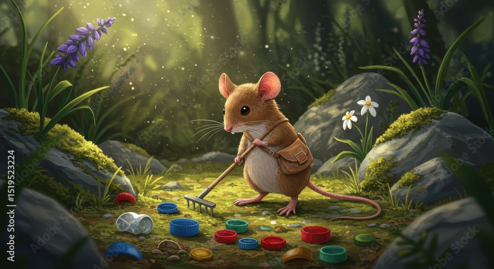 Naklejka premium Cute Cartoon Mouse Raking Colorful Plastic Bottle Caps in Forest