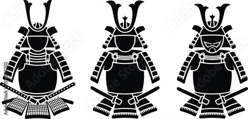 Three black and white samurai armors with swords isolated on a white background in simple flat style