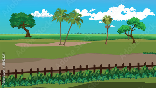 Indian Village Background Vector with Palm Trees, Green Fields, Fence, Blue Sky and Rural Dirt Path – Cartoon Landscape for Animation, Farming, Storytelling and Educational Projects


