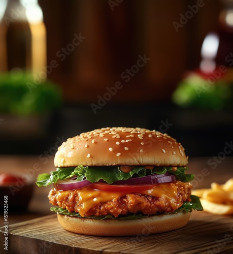 Wallpaper Mural Delicious crispy chicken burger with cheese, lettuce, and onion on sesame seed bun Torontodigital.ca