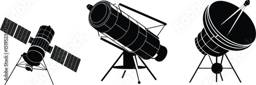 A black and white illustration of a satellite telescope and a radio antenna on a white background