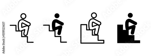 Stairs sitting icon. Person sitting alone on stair steps vector illustration. Symbol of contemplation or waiting in urban environment. Thoughtful or resting pose sign. Human posture pictogram
