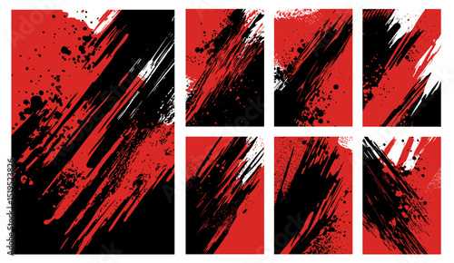 Dynamic abstract vector set. Intense red and black grunge backgrounds with aggressive brush strokes and ink splatters. Perfect for energetic, edgy designs, posters, and action-themed graphics.