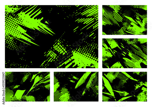 Dynamic abstract vector background set. Energetic green and black grunge textures, halftone effects, and chaotic brush strokes for modern edgy graphic design projects. Perfect for posters and banners.
