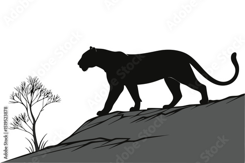 Panther silhouette on hilltop with tree against white background vector illustration