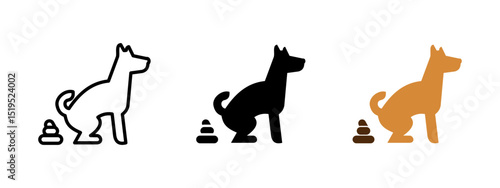 Dog pooping icon. Sitting dog with small poop pile behind it vector illustration. Pet defecation and public hygiene awareness symbol. Outdoor animal waste responsibility sign. Park cleanup pictogram.