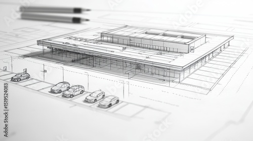 Wallpaper Mural Architectural design blueprint of a modern commercial building showing detailed layout and surrounding parking area Torontodigital.ca