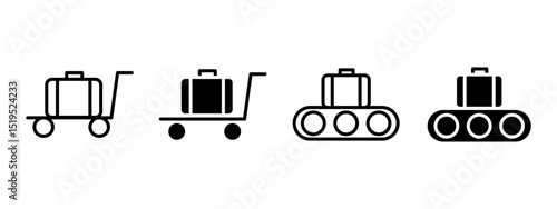 Luggage icon. Suitcase on trolley and conveyor belt vector illustration. Represents baggage transport and airport handling symbol. Suitable for travel, tourism, and logistics pictogram.