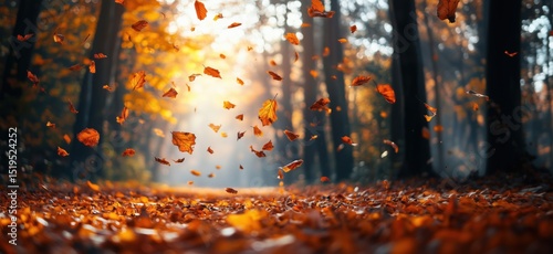 Autumn leaves falling in serene forest with warm golden light and vibrant colors