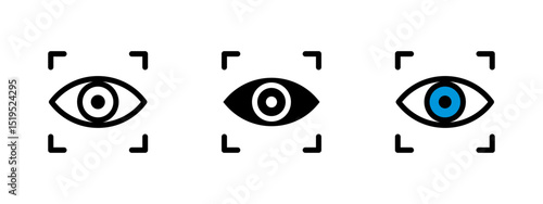 Eye icon. Human eye with scanning frame symbol vector illustration. Used in biometric identification, retina scan, and facial recognition systems symbol. Surveillance and security tech pictogram.