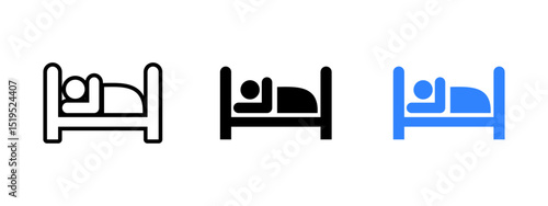 Bed icon. Person lying in a single bed with head on pillow vector illustration. Symbol for hotel accommodation, sleep, and overnight stay. Travel comfort and rest sign. Sleeping area pictogram.