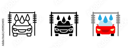 Car wash icon. Vehicle under automatic wash with water drops vector illustration. Automotive cleaning and maintenance service symbol. Auto hygiene and rinsing process sign. Garage pictogram.
