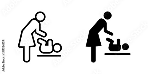 Baby changing icon. Mother changing baby diaper on a flat surface vector illustration. Public restroom and parenting care symbol. Infant hygiene and baby station sign. Childcare pictogram.