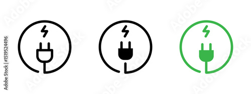 Electricity icon. Power plug with cable and lightning bolt vector illustration. Energy source and electrical connection symbol. Charging station and outlet use sign. Power pictogram.