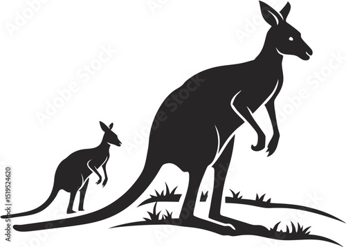 Silhouette illustration of mother kangaroo with joey in grassy field